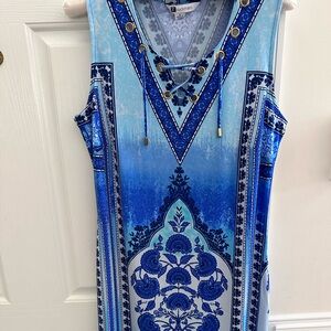 Rockmans Sleeveless Blue Floral Lace-up Swim Cover-up Dress